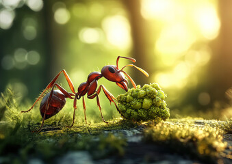  an ant carrying food on a forest background