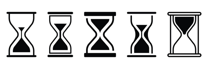 Set of hourglasses with various sand positions. Hourglass icons representing the passage of time. Hourglass icons with changing sand levels, symbolizing time progress or deadlines. Vector illustration
