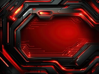Abstract dark metallic frame with glowing red accents, suggesting technological or futuristic theme
