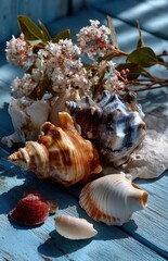 Seashells and white flowers resting on rustic blue wooden planks