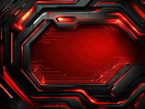 Abstract dark metallic frame with glowing red accents, suggesting technological or futuristic theme