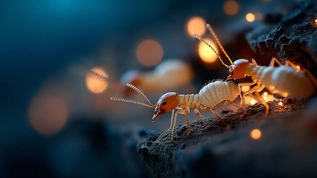 Termite colony exploration: Close up view of termites moving through their habitat