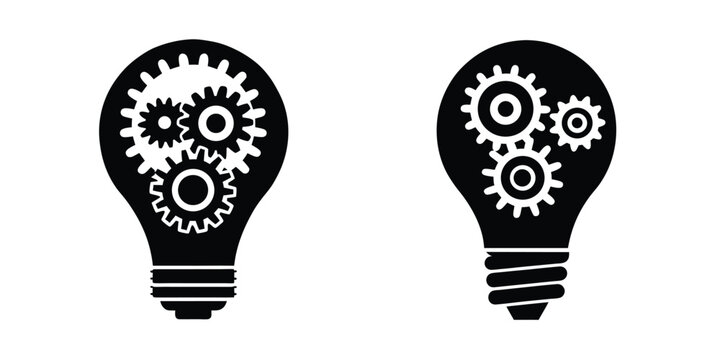 Light Bulb Filled With Gears Symbolizing Mechanism Silhouette on White Background