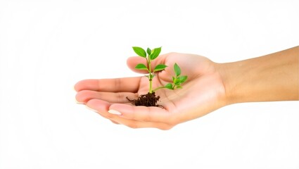 A hand gently holding a small green plant seedling with soil, representing growth, nature, and environmental care