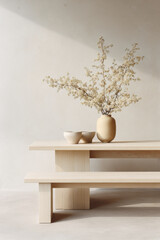 minimalist dining area featuring original table set against clean light background