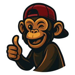 Cartoon monkey character giving a thumbs up wearing a red cap in a playful design vector logo illustration