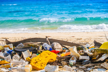 trash, plastic cups and plastic bags at the beach.environmental problem concept and healing the...