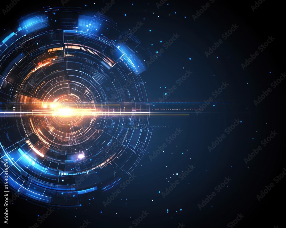 Poster abstract digital art depicting a glowing circular technological interface with concentric rings, bri