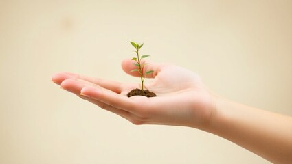 A hand gently holding a small green plant seedling with soil, representing growth, nature, and environmental care