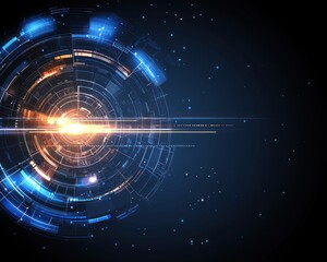 Abstract digital art depicting a glowing circular technological interface with concentric rings, bright light streaks, and a dark, speckled background