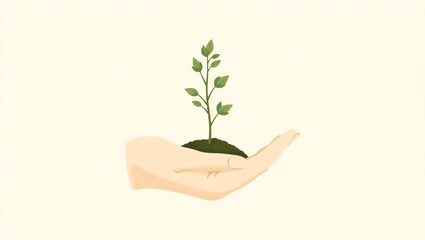 A hand gently holding a small green plant seedling with soil, representing growth, nature, and environmental care