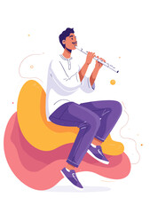 Musical Harmony: A solitary individual sits, immersed in the creation of melody, their flute weaving a tapestry of sound. Their tranquil pose sets in vibrant hues.