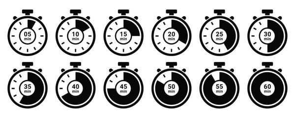 Stopwatch icon in black. Timer, clock, stopwatch isolated icons. Countdown timer symbol. Label cooking time. Minute timer icon set.