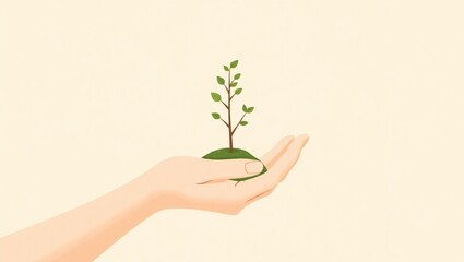 A hand gently holding a small green plant seedling with soil, representing growth, nature, and environmental care