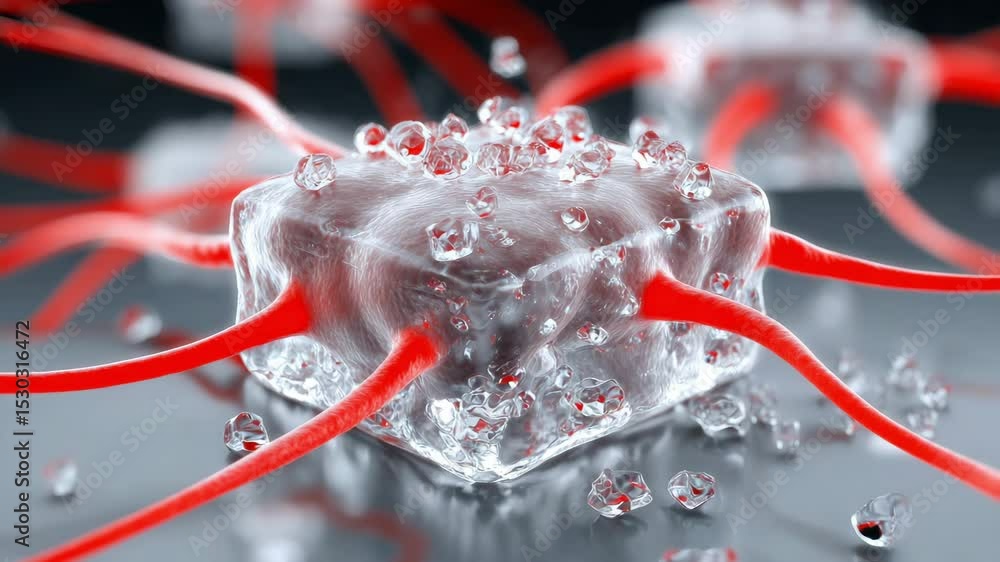 Poster vagus nerve concept ,transparent cube with red fibers and droplets scientific exploration of innovat