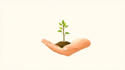 A hand gently holding a small green plant seedling with soil, representing growth, nature, and environmental care