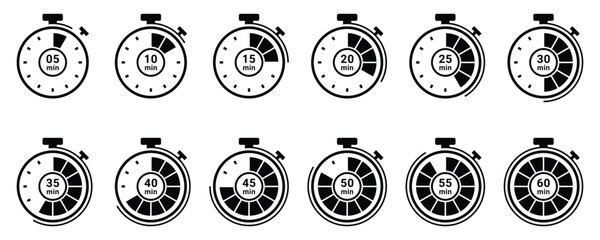 Clock timer icons showing elapsed time. Vector alarm clock illustrations representing time passing in equal parts. Great for educational content, time management visuals, and infographics.