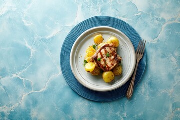Grilled pork chop with roasted potatoes on a plate (1)