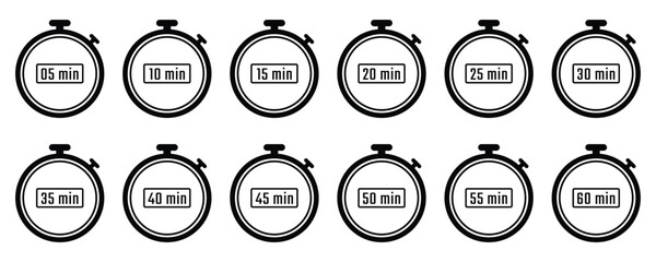Progressive time interval alarm clock icons. Set of alarm clock icons displaying increasing time durations in segmented formats. Perfect for time tracking apps and visual schedules.