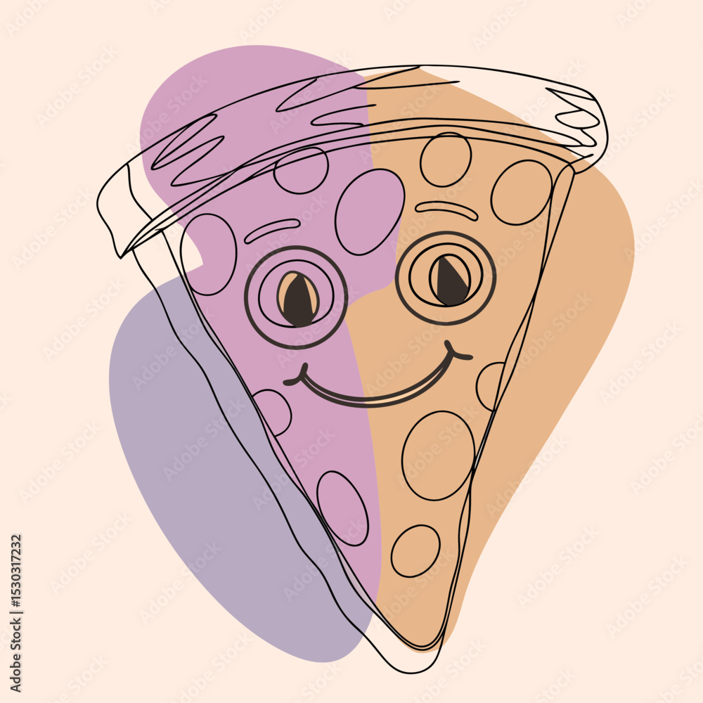 Fototapete cartoon pizza slice with face and abstract color blobs