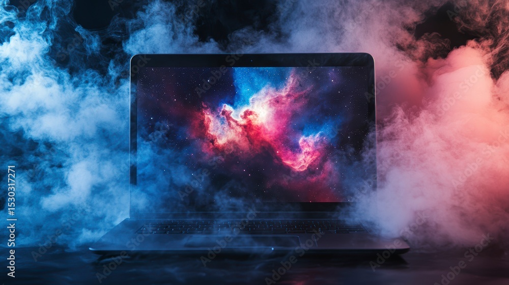 Canvas Prints laptop displaying a nebula image, enveloped in blue and red smoke.
