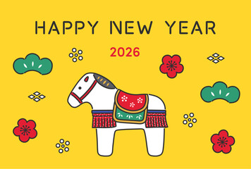 2026年　午年の年賀状イラストデザイン　張り子の馬