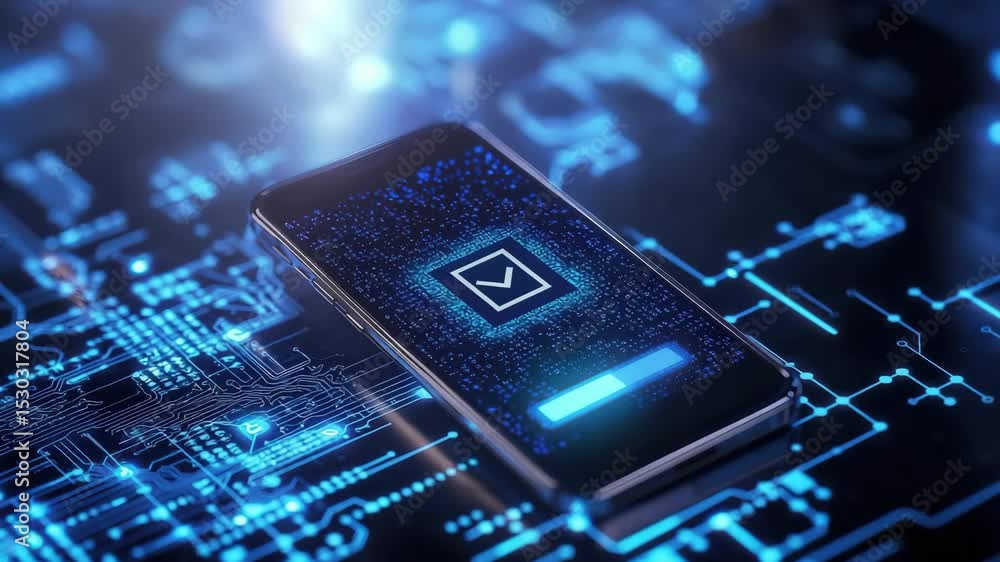 Poster A smartphone displays a digital check mark over a glowing circuit board, symbolizing secure technology or online verification.