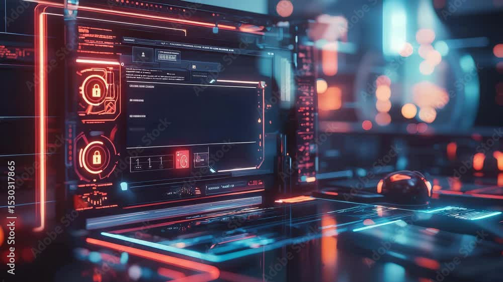 Poster A futuristic computer workstation displays digital security locks and cyber defense graphics in a neon-lit environment.