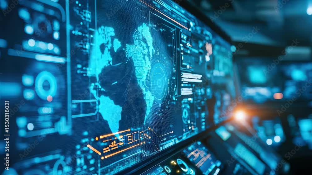 Poster a futuristic digital interface panel displays a glowing world map surrounded by data, graphics, and 