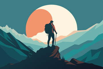 A lone hiker stands atop a rugged mountain ridge, silhouetted against a pale sky with a soft circular backdrop.eps