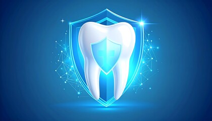 Tooth protected by a shield on blue background.
