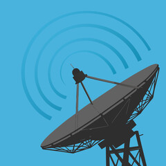 Silhouette of satellite dish with signal waves on blue sky