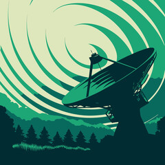 Illustration of satellite dish with waves and forest view