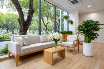Modern waiting room with large windows showing trees