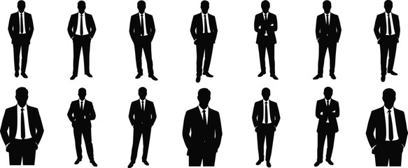 Businessman silhouette collection, men in suits vector set, standing corporate poses, formal professional male icons, office executive illustration design

 flat vector illustration