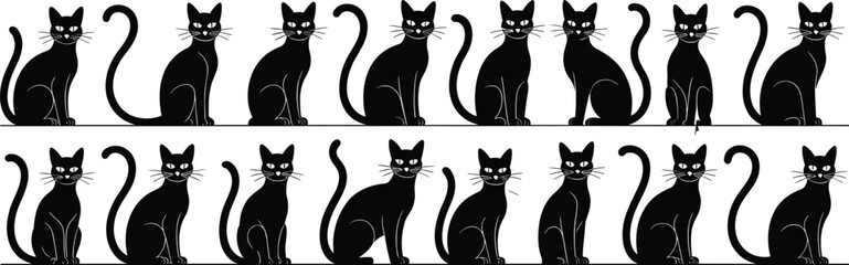 Set of black cat silhouettes, sitting feline characters with curved tails, isolated on white background, perfect for Halloween, sticker design, tattoo art, or graphic decoration