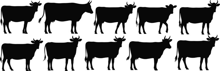 Cow silhouette vector collection, farm cattle animal icons, domestic livestock graphic set, black cow profile illustration pack, rural farming element

 flat vector illustration