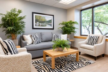 Fototapeta premium Waiting room with gray sofa and zebra-patterned rug featuring a tranquil landscape painting