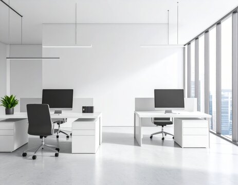 Modern office interior with blank wall for poster mockup, clean workspace layout with
