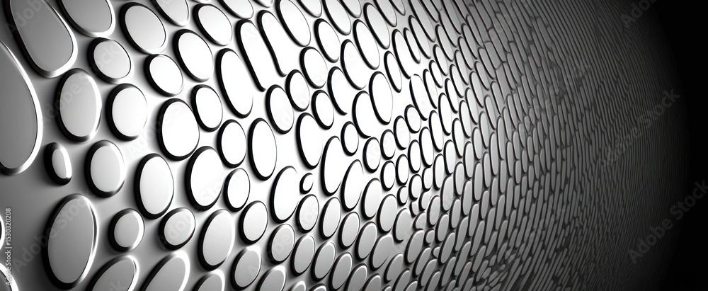Poster abstract grayscale image featuring a curved surface densely packed with slightly overlapping, oval-s