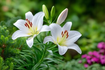 Fototapeta premium White lilies growing in summer garden with water drops