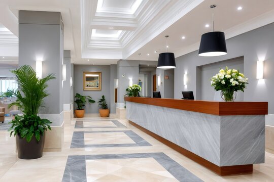 Modern hotel lobby with reception desk displaying elegance and sophistication