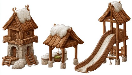 Winter village structures, wooden huts, and a slide