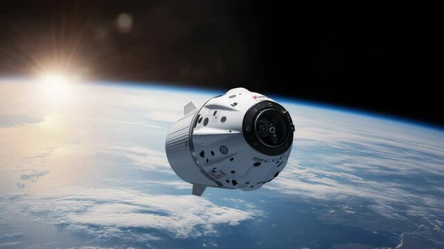 Spacecraft orbiting Earth, sunrise, space exploration