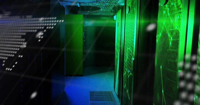 On start dotted world map fading in over server racks, code scrolling visualizing global data flow
