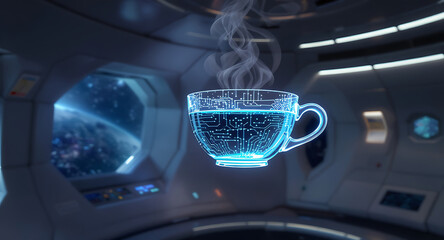 Coffee cup on the background of the spaceship interior 3D rendering
