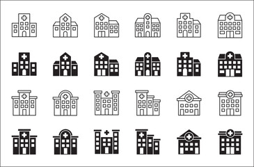 Hospital building icon set. Hospital and healthcare icon collection. Icon symbol of hospital buildings, medical house, medic, clinic, digital healthcare. Vector illustration