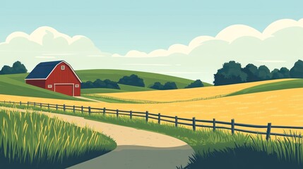 Countryside landscape with red barn and golden field