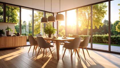 Modern Dining Room with Sunlight and Nature View with Interior Design.