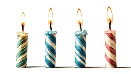 Four birthday candles, striped in pastel colors, flame alight